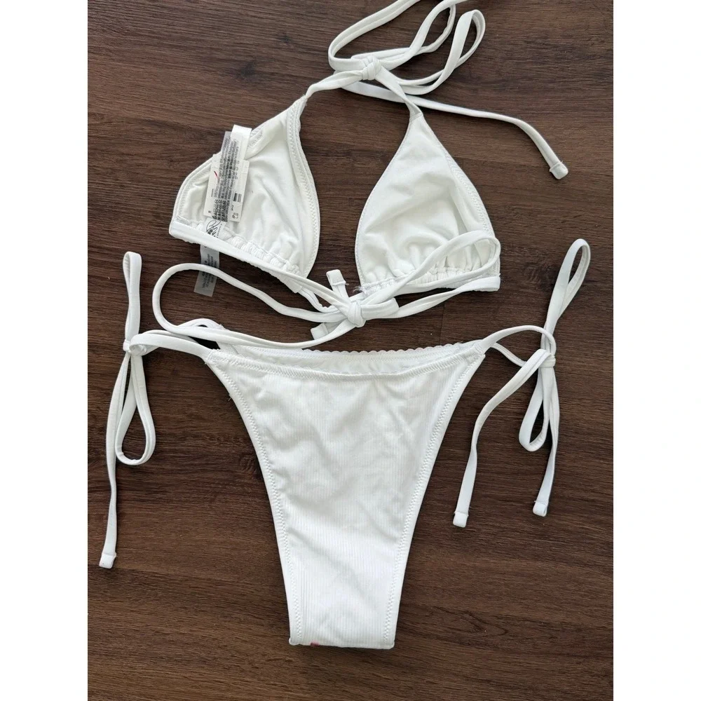 PINK by Frankies Bikinis White Ribbed Rose Embroidered Bikini Set XL NWT - Picture 3 of 5